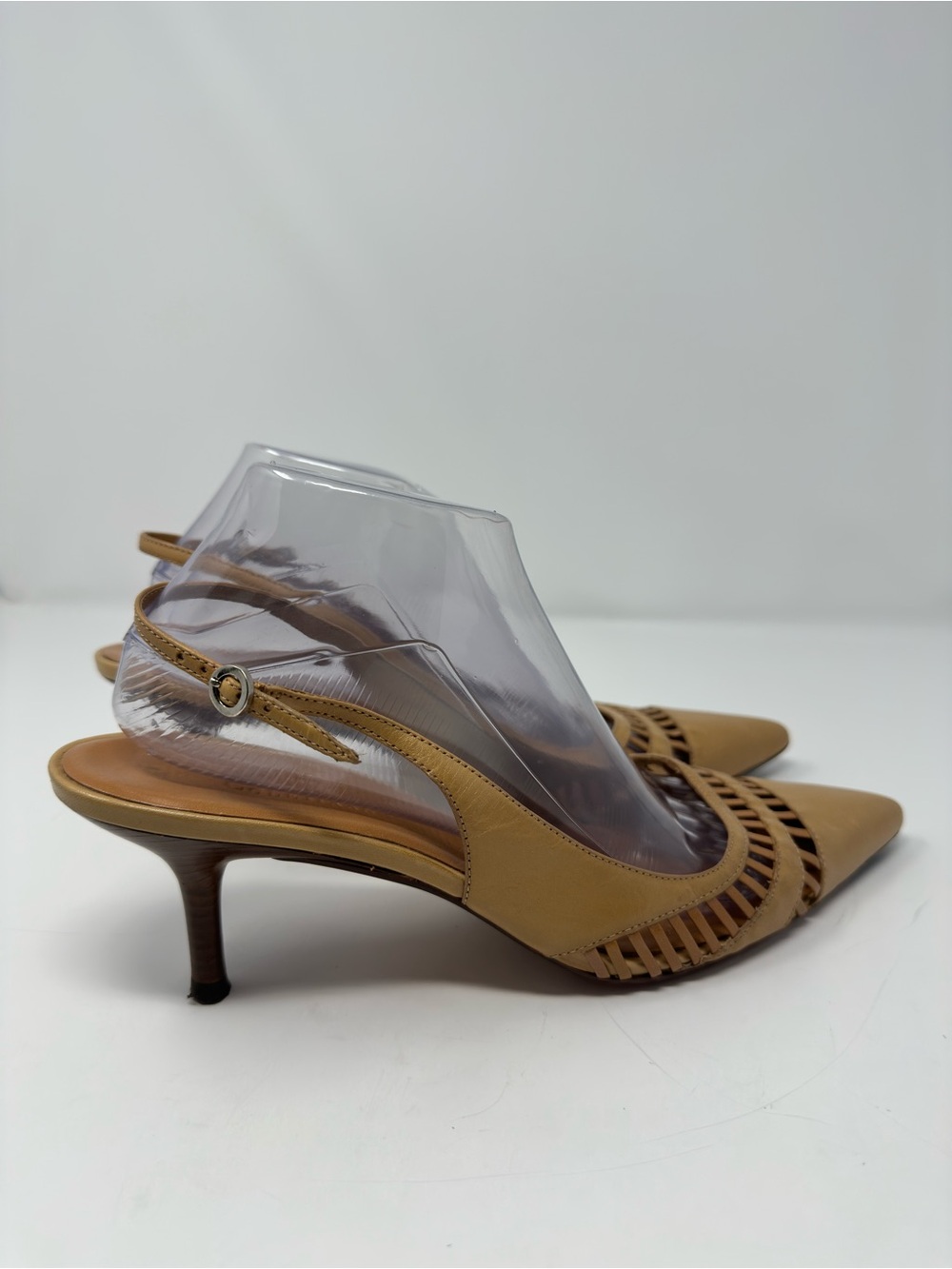 Cole Haan Tan Woven Leather Slingback Pointed Toe Kitten Heels Size 10B Office - Picture 5 of 9